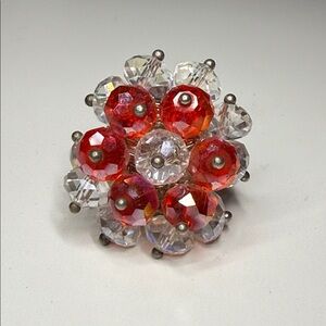 Red Aurora Borealis and Clear Silvertone cluster adjustable Ring